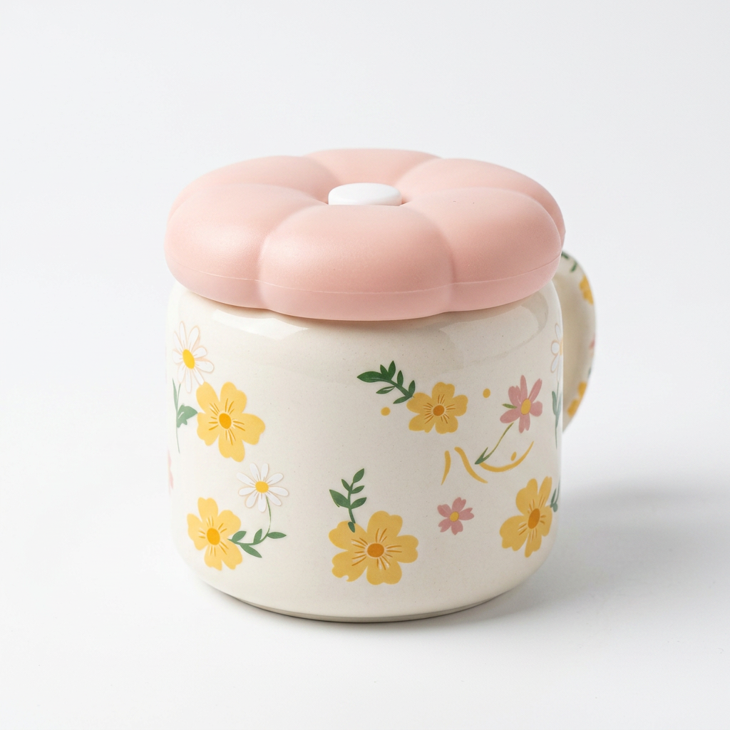 Taza Cerámica Tapa Flor CYL-1070 Delicada, Decorativa y Funcional