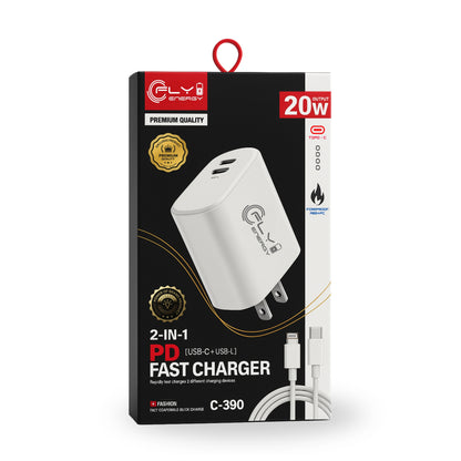 Cargador Rápido C-390 PD 20W 2 en 1 USB-C + USB-L