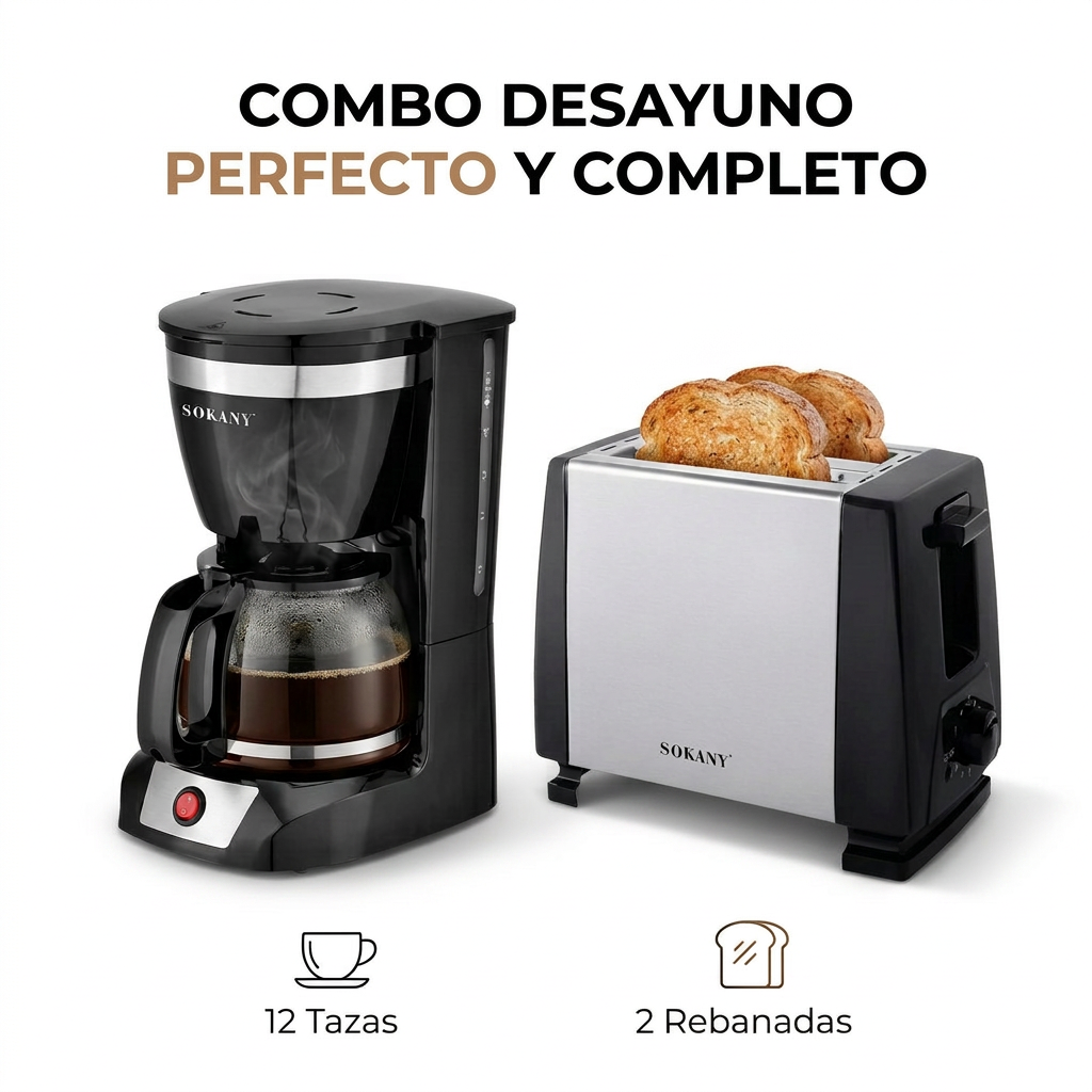 Cafetera Sokany 12 Tazas + Tostadora Eléctrica de 2 Rebanadas