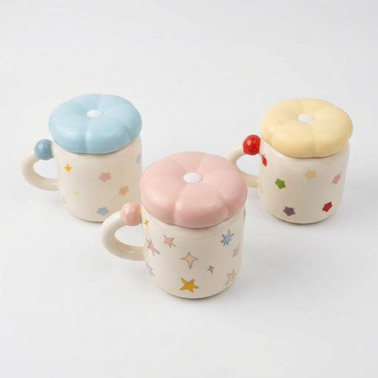 Taza Cerámica Asa Bola Tapa Flor CYL-1110 Colorida, Tierna y Decorativa