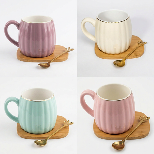 Taza Cerámica Relieve Base Madera C&L-1140 Elegante, Decorativa y Funcional