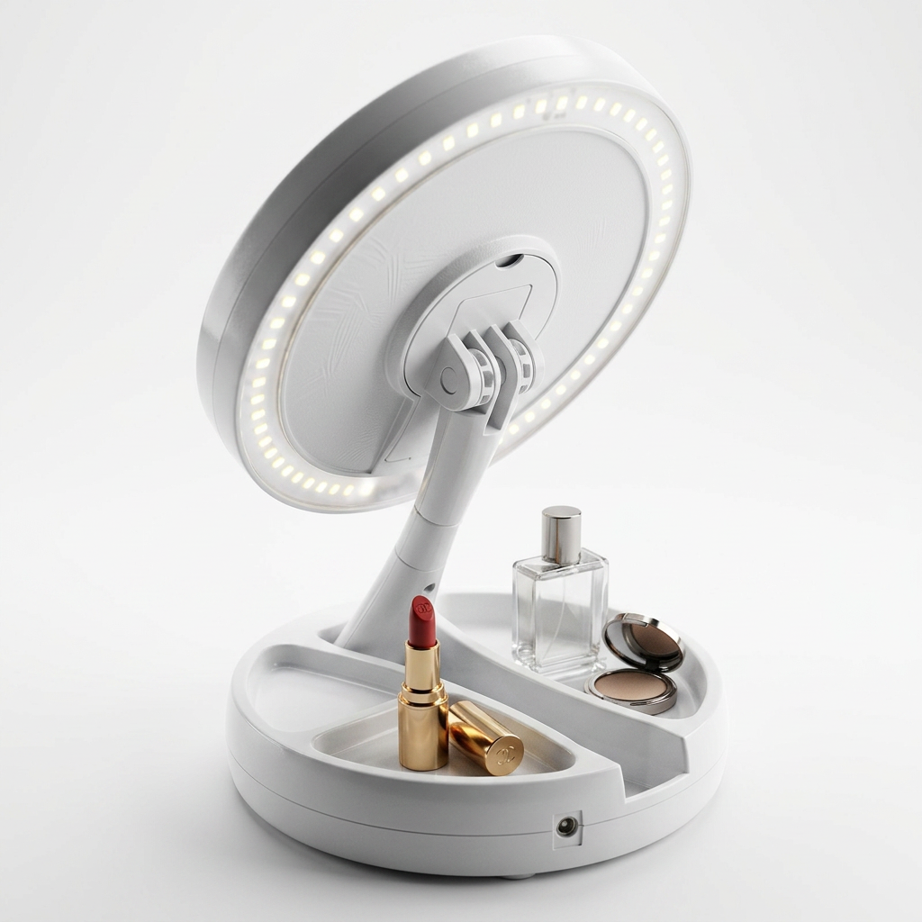 Espejo de Mesa LED Redondo con Base DEC-060  Iluminado, Práctico y Organizador