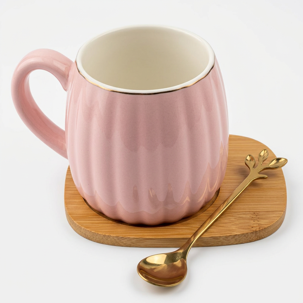 Taza Cerámica Relieve Base Madera C&L-1140 Elegante, Decorativa y Funcional