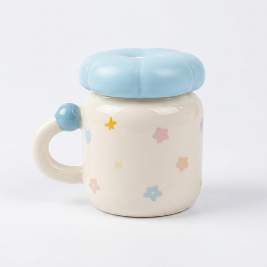 Taza Cerámica Asa Bola Tapa Flor CYL-1110 Colorida, Tierna y Decorativa