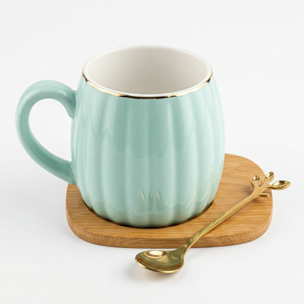 Taza Cerámica Relieve Base Madera C&L-1140 Elegante, Decorativa y Funcional