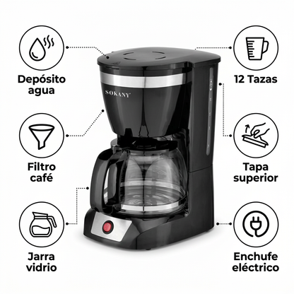 Cafetera Sokany 12 Tazas + Tostadora Eléctrica de 2 Rebanadas