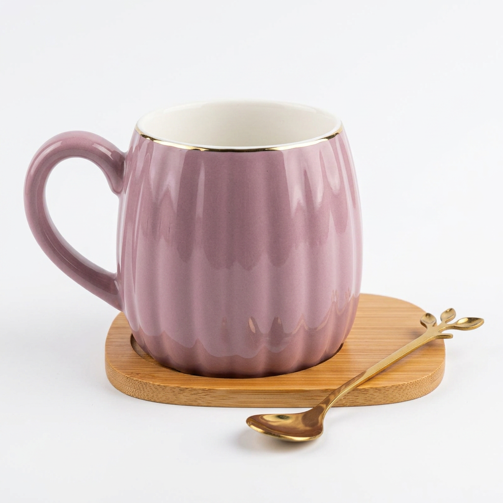 Taza Cerámica Relieve Base Madera C&L-1140 Elegante, Decorativa y Funcional