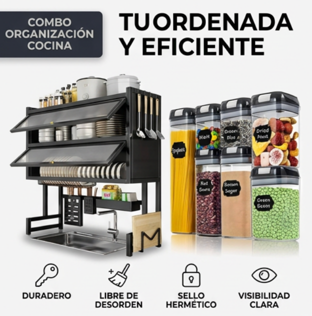 Organizador Escurridor de Platos Para Cocina + Set de 6 Recipientes Organizadores Hermeticos Para Alimentos