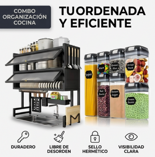 Organizador Escurridor de Platos Para Cocina + Set de 6 Recipientes Organizadores Hermeticos Para Alimentos