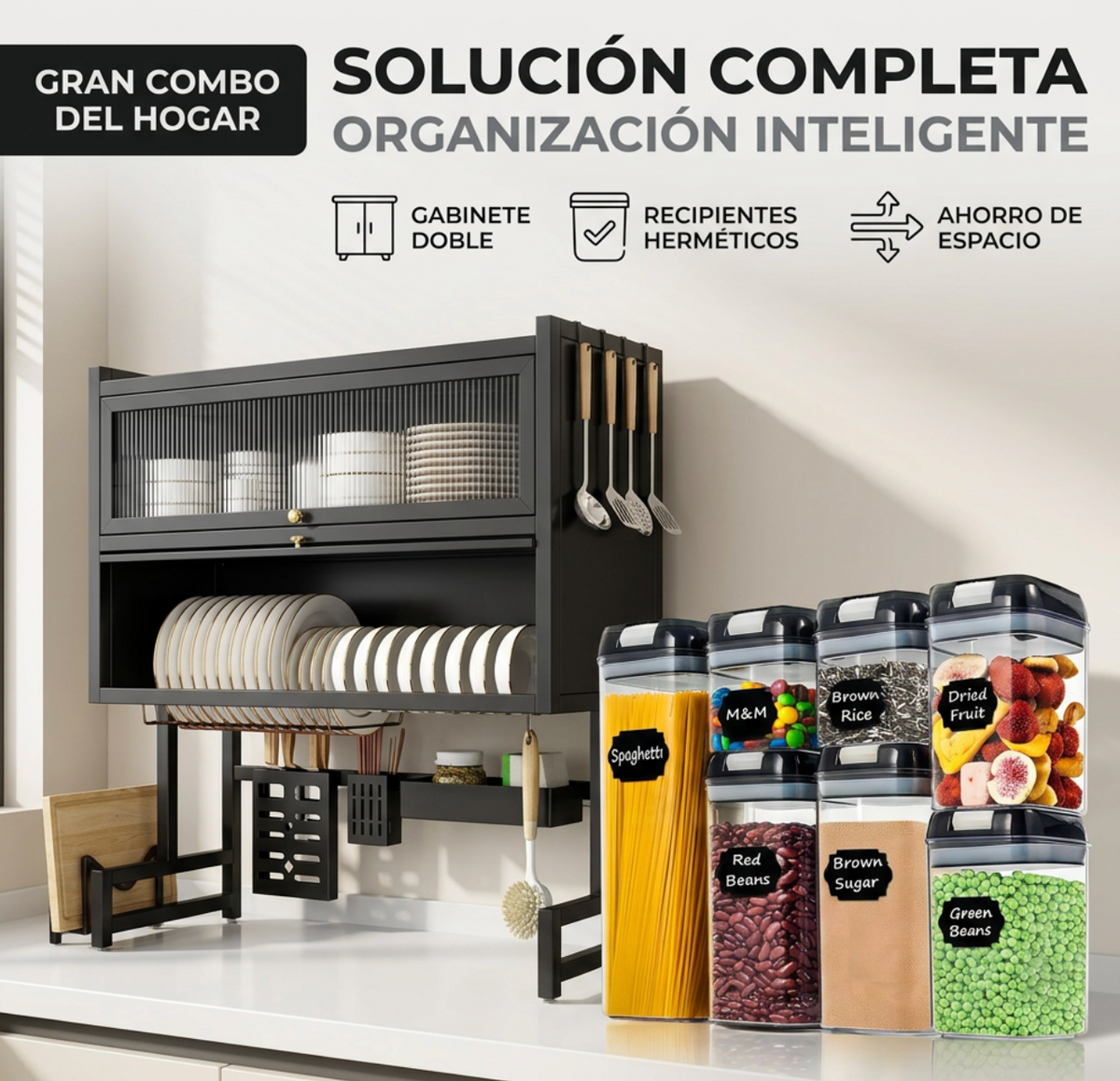 Organizador Escurridor de Platos Para Cocina + Set de 6 Recipientes Organizadores Hermeticos Para Alimentos
