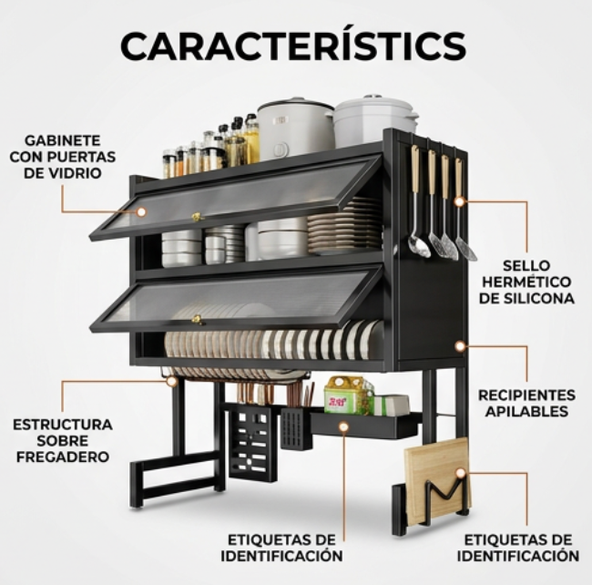 Organizador Escurridor de Platos Para Cocina + Set de 6 Recipientes Organizadores Hermeticos Para Alimentos