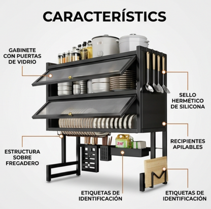 Organizador Escurridor de Platos Para Cocina + Set de 6 Recipientes Organizadores Hermeticos Para Alimentos