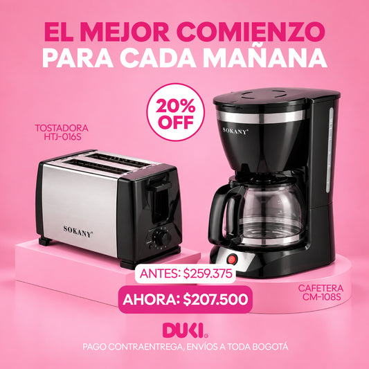 Cafetera Sokany 12 Tazas + Tostadora Eléctrica de 2 Rebanadas