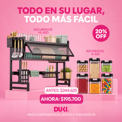 Organizador Escurridor de Platos Para Cocina + Set de 6 Recipientes Organizadores Hermeticos Para Alimentos
