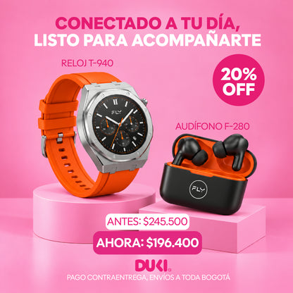 Reloj Smartwatch AMOLED + Audífonos Bluetooth Portatil T-940/F-280