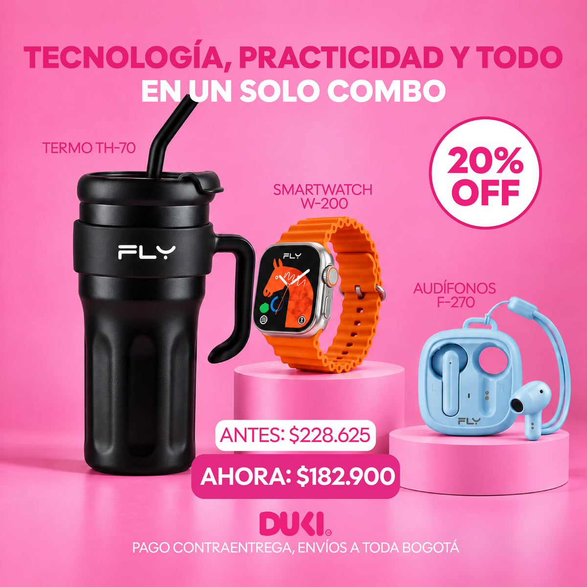 Reloj Smartwatch + Termo Térmico 1250ml Negro/Blanco + Audífonos Bluetooth Blanco