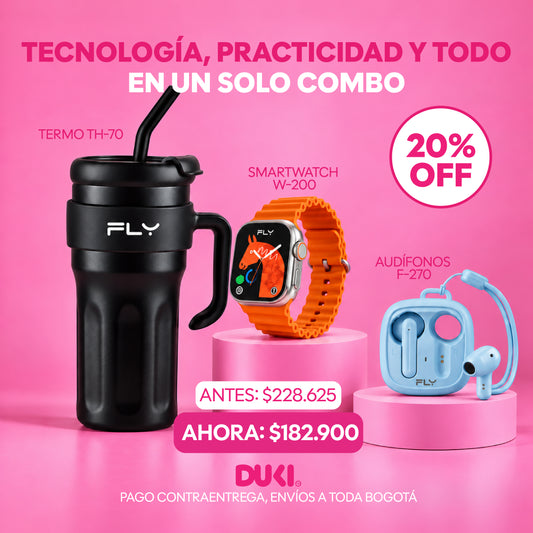 Reloj Smartwatch + Termo Térmico 1250ml Negro/Blanco + Audífonos Bluetooth Blanco