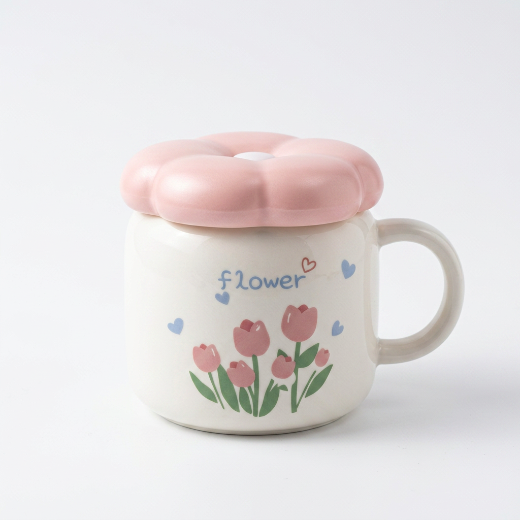 Taza Cerámica Tapa Flor CYL-1070 Delicada, Decorativa y Funcional