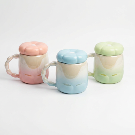 Taza Cerámica Degradado Tapa Flor CYL-1090 Elegante, Suave y Decorativa