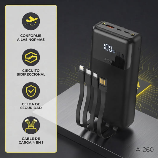 Power Bank FLY A-260 25.000 mAh con Cable 4 en 1